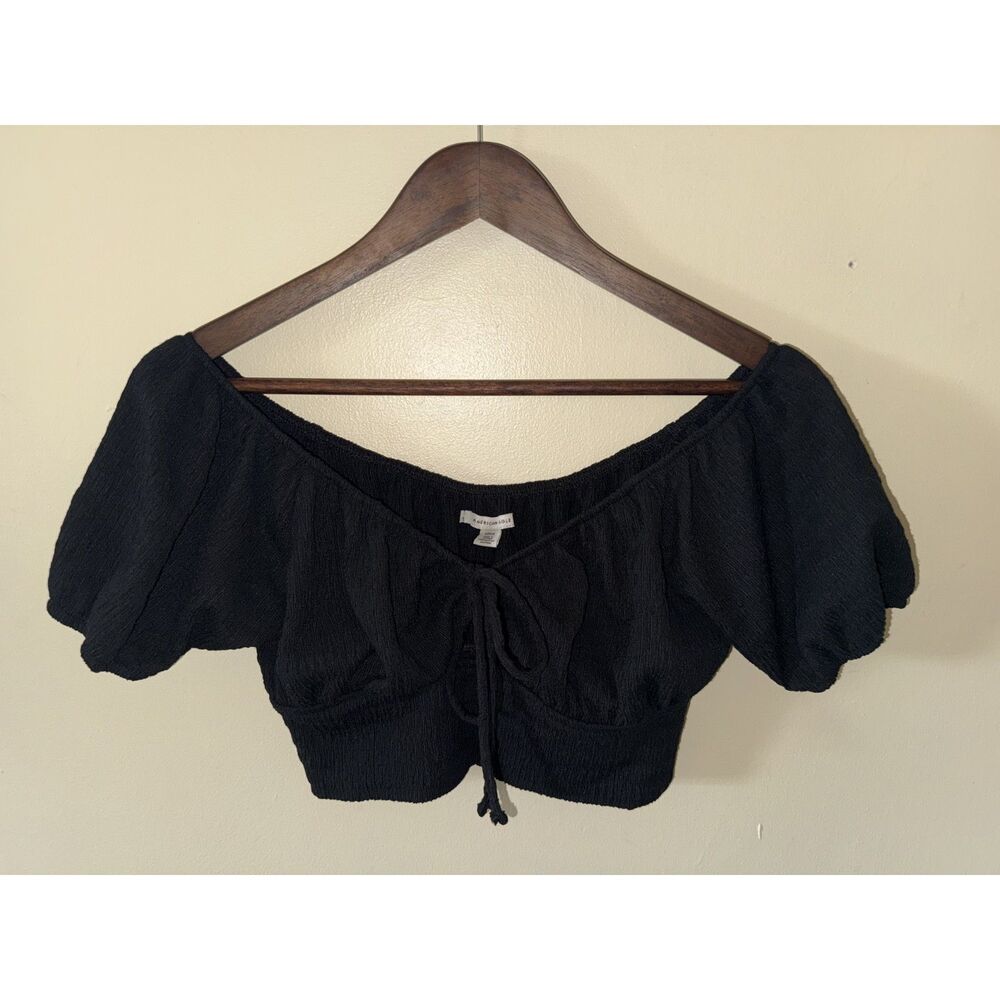American Eagle Black Off-The-Shoulder Crop Top Size S Smocked Cottagecore